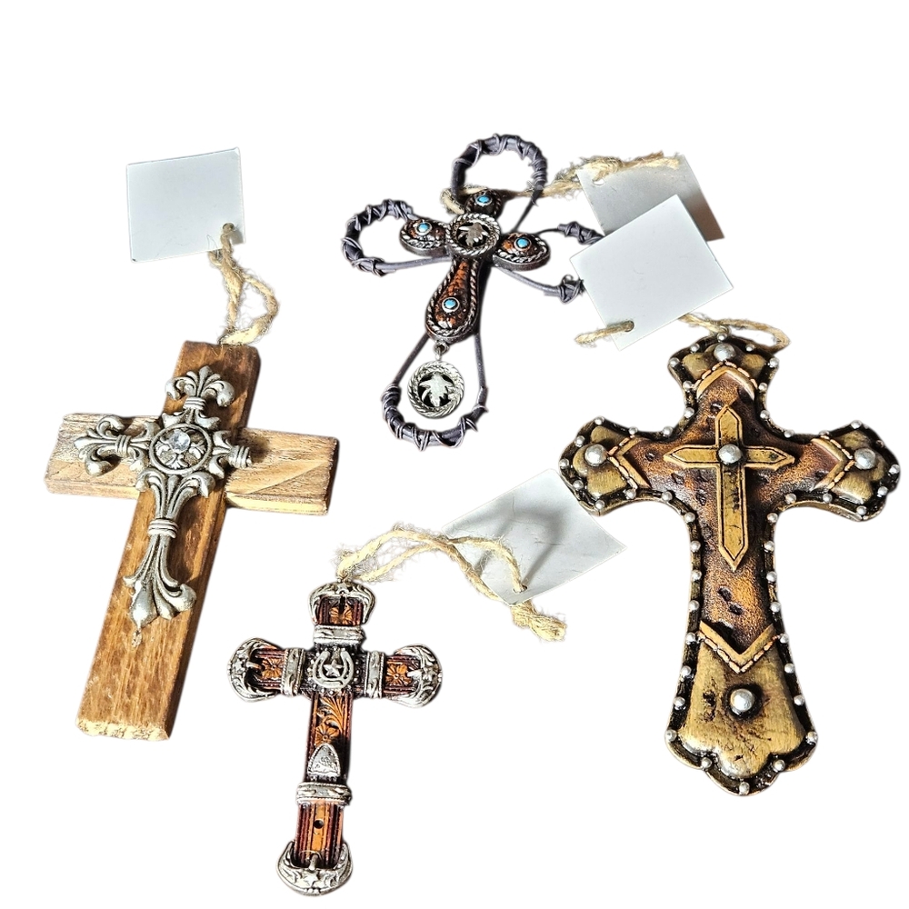 Set Of 4 Hobby Lobby Cowboy Decorative Cross Wall Tree Ornaments.
